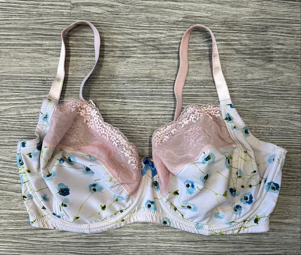 Parfait Floral Lace Underwire Bra 36E Pink Blue Poppy Floral Unlined Mesh Trim